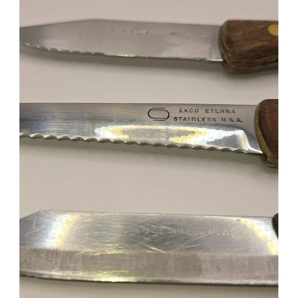 Vintage EKCO Knife Set (3) - Eterna & Vanadium Wood Handle Steak/Utility Knives